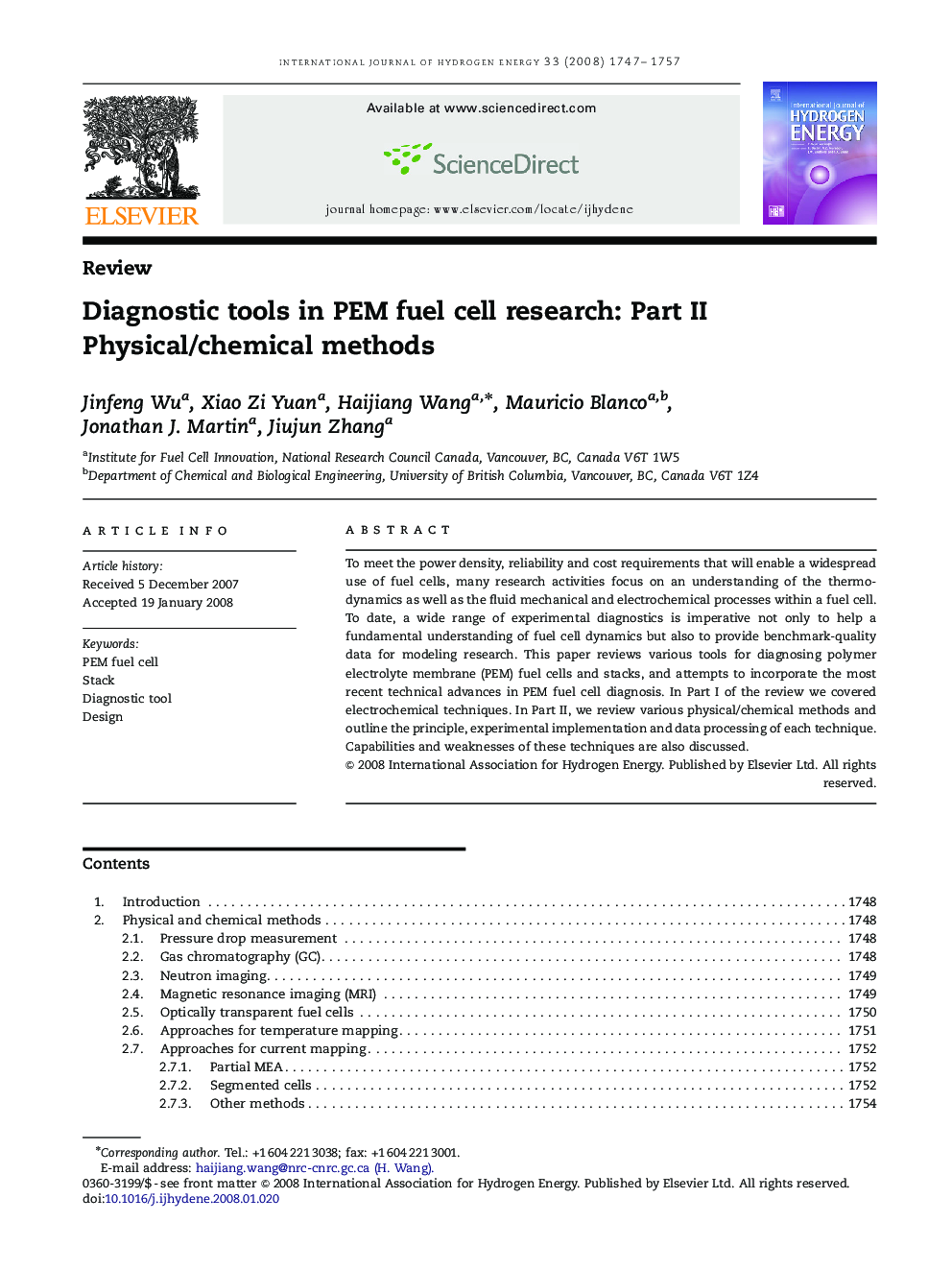 Diagnostic tools in PEM fuel cell research: Part II: Physical/chemical methods