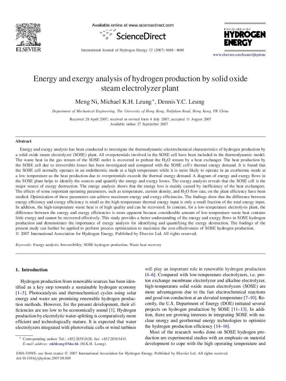 Energy and exergy analysis of hydrogen production by solid oxide steam electrolyzer plant