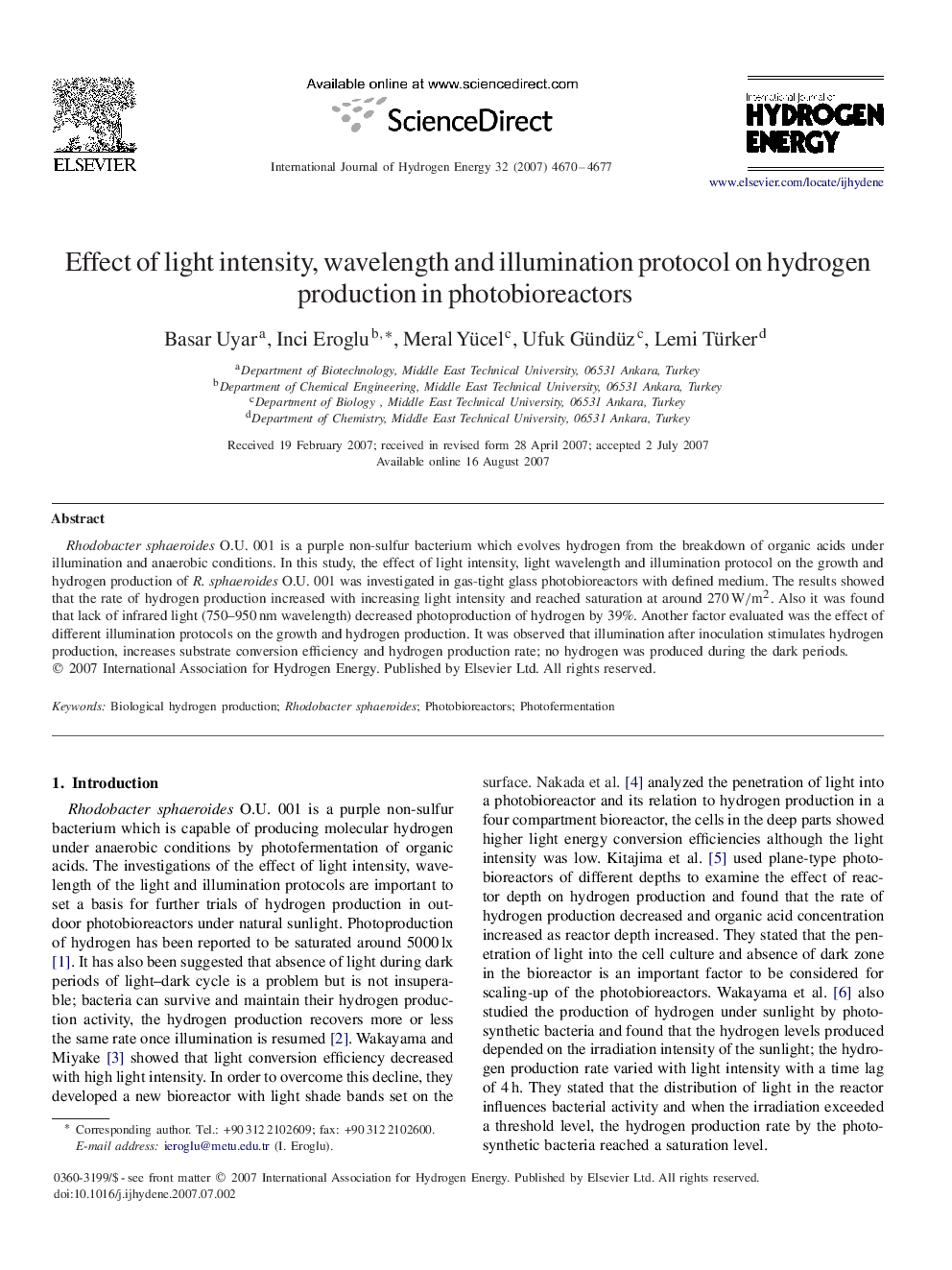 Effect of light intensity, wavelength and illumination protocol on hydrogen production in photobioreactors