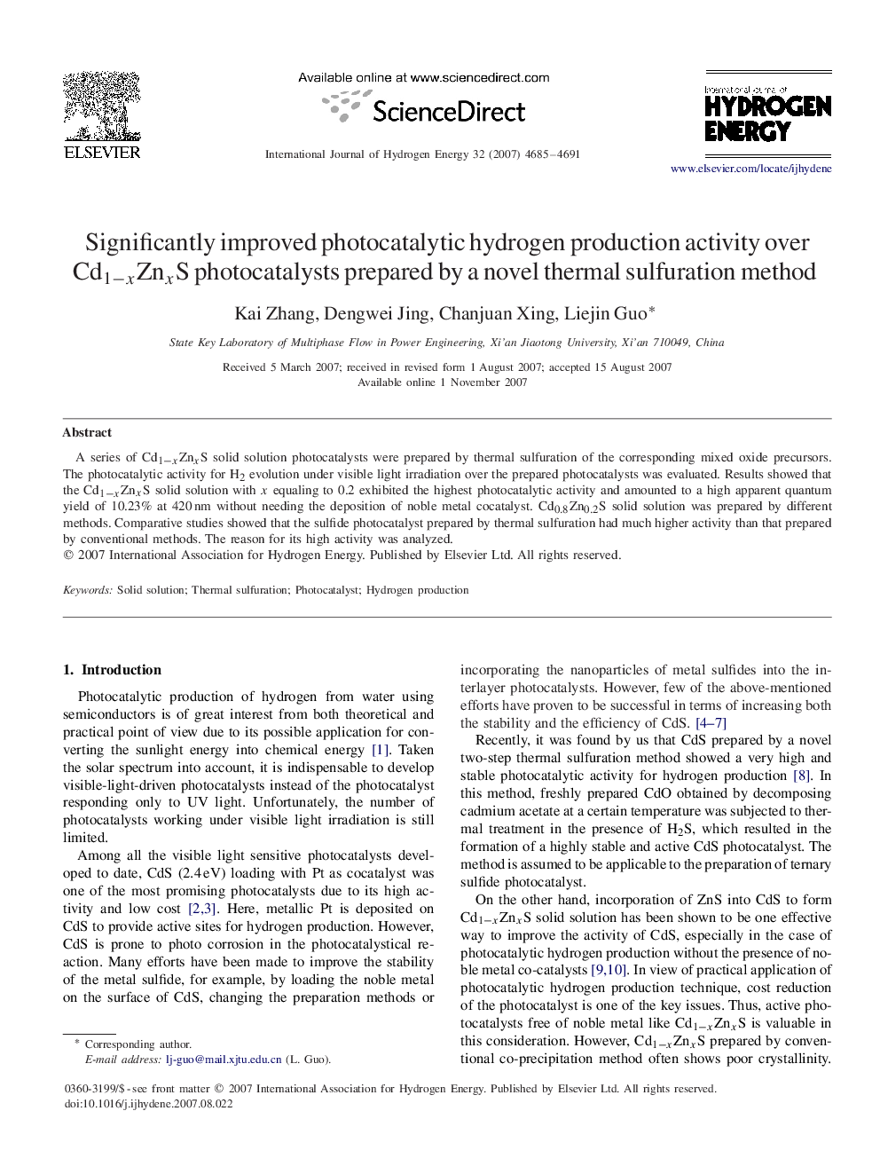 Significantly improved photocatalytic hydrogen production activity over Cd1-xZnxSCd1-xZnxS photocatalysts prepared by a novel thermal sulfuration method