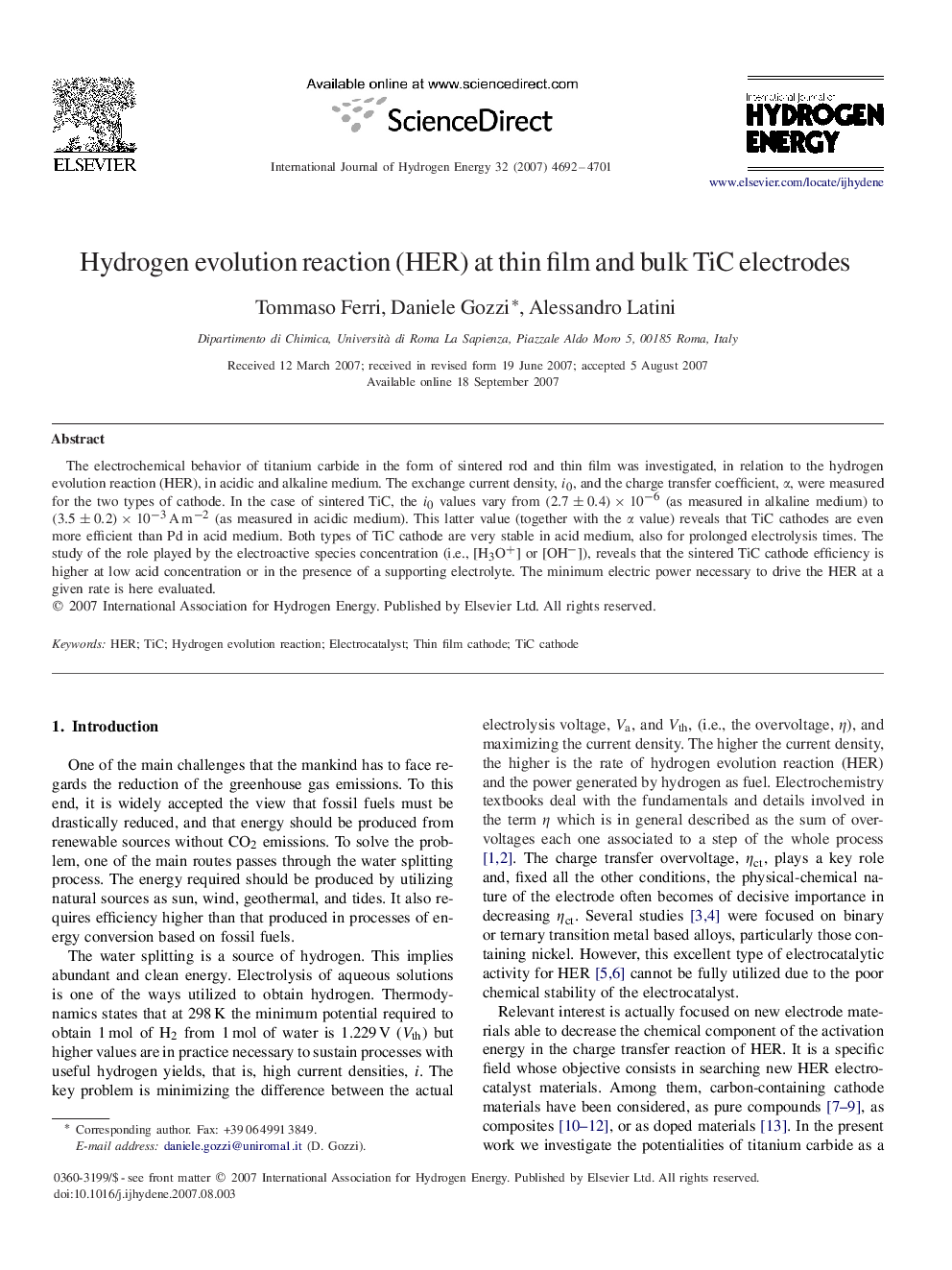 Hydrogen evolution reaction (HER) at thin film and bulk TiC electrodes