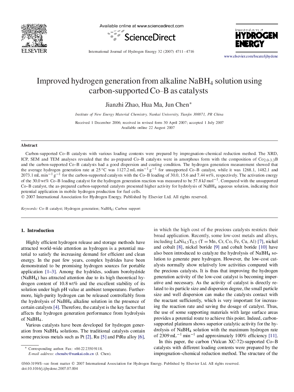 Improved hydrogen generation from alkaline NaBH4NaBH4 solution using carbon-supported Co–BCo–B as catalysts