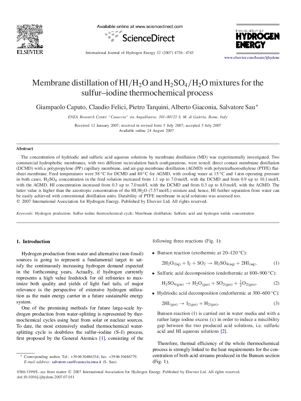 Membrane distillation of HI/H2OHI/H2O and H2SO4/H2OH2SO4/H2O mixtures for the sulfur–iodine thermochemical process