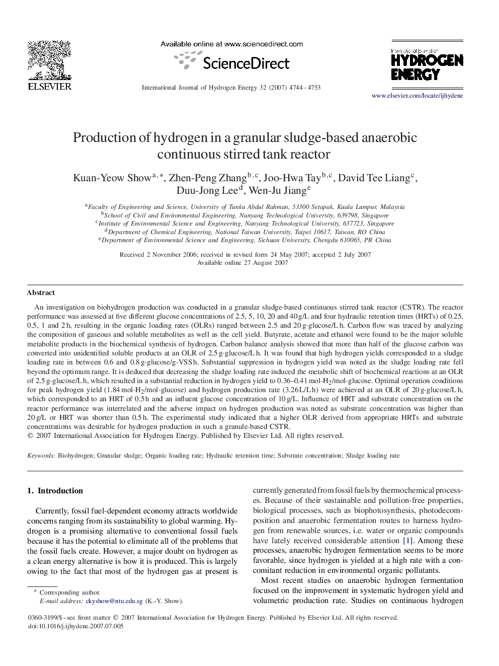 Production of hydrogen in a granular sludge-based anaerobic continuous stirred tank reactor