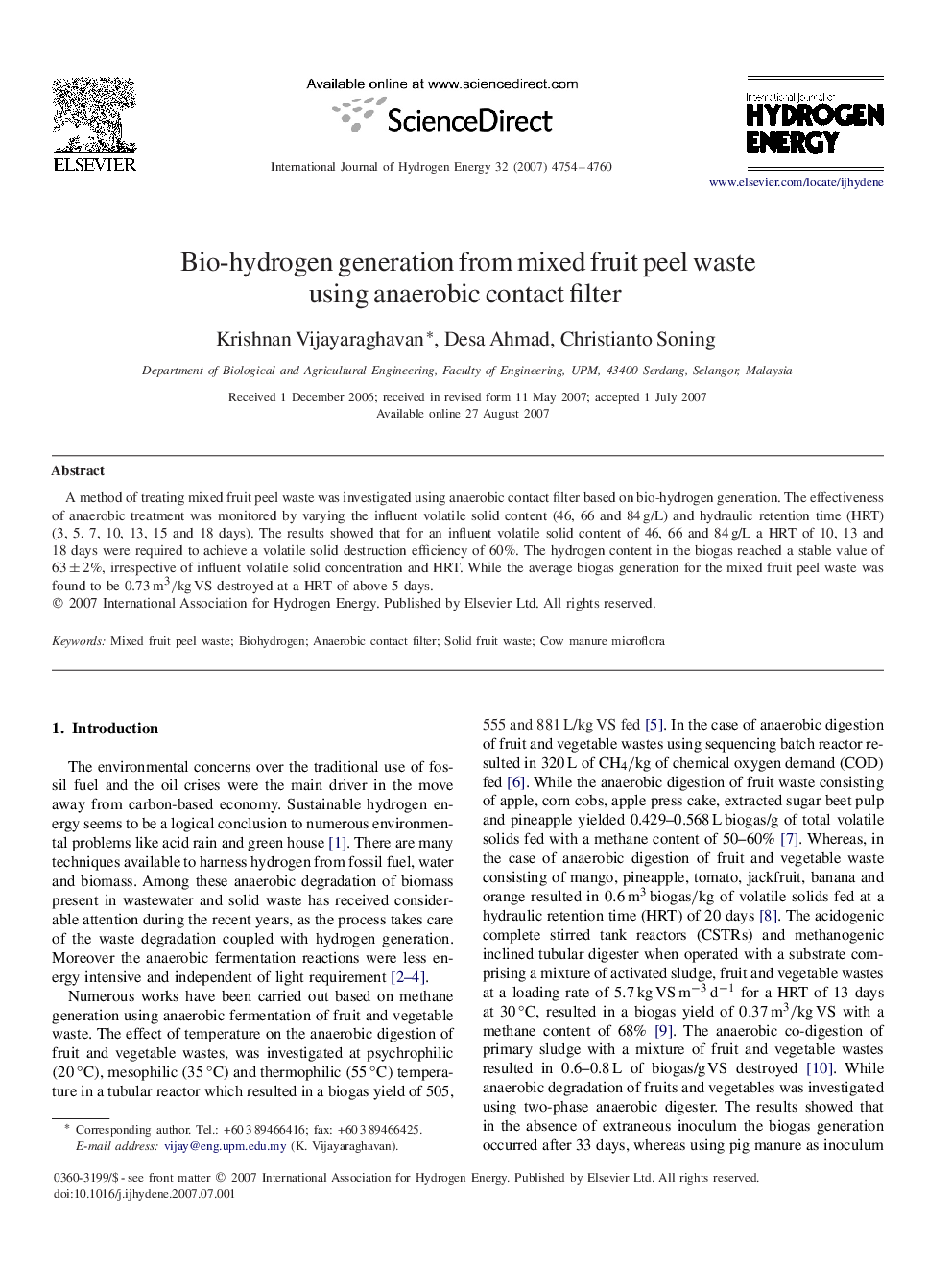 Bio-hydrogen generation from mixed fruit peel waste using anaerobic contact filter