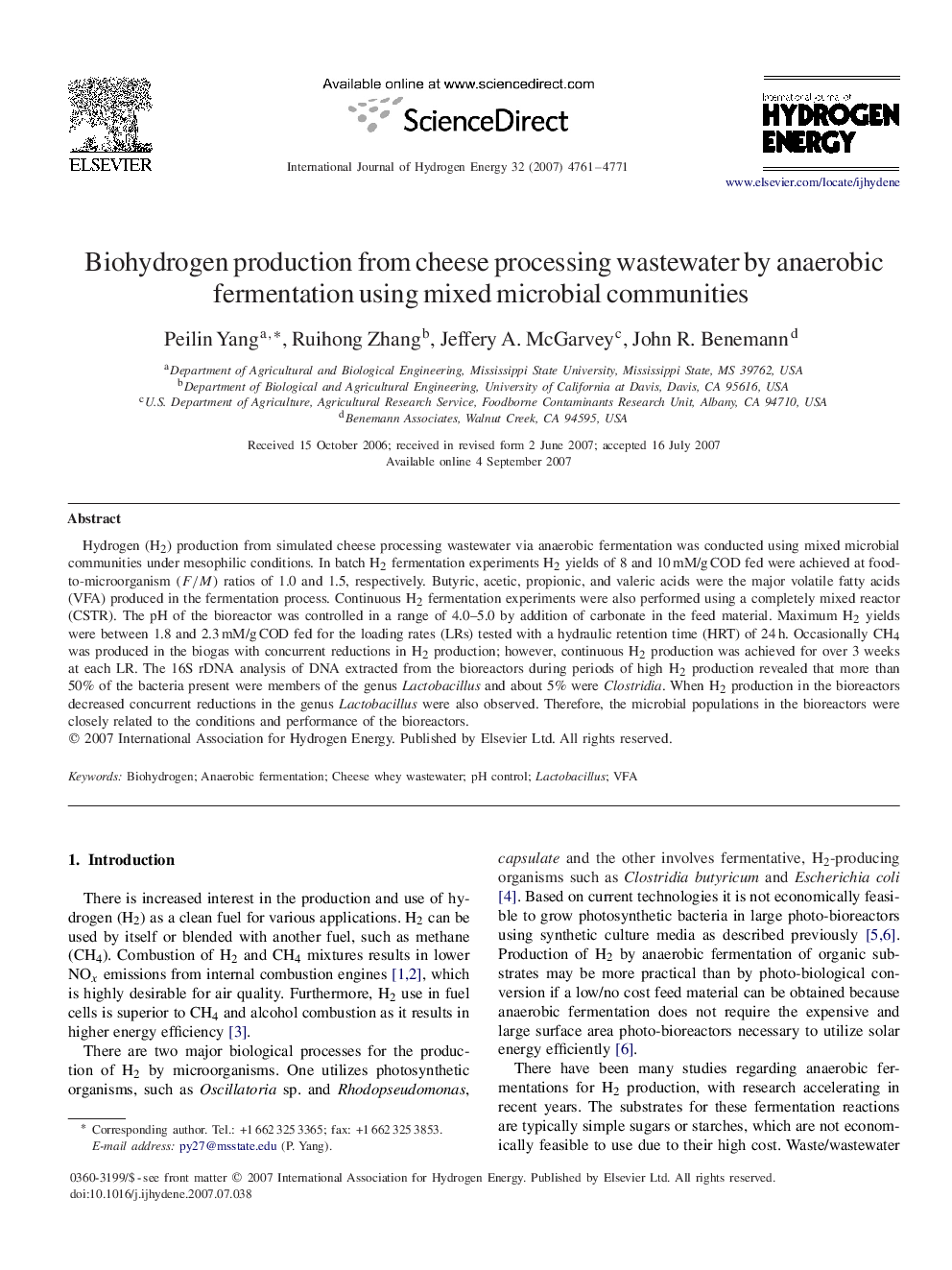 Biohydrogen production from cheese processing wastewater by anaerobic fermentation using mixed microbial communities