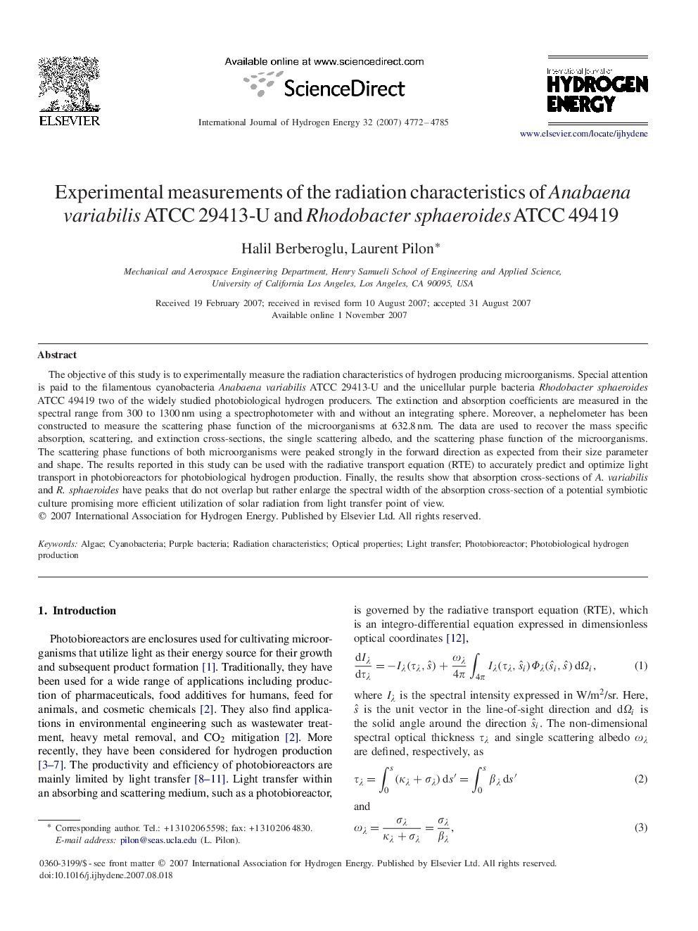 Experimental measurements of the radiation characteristics of Anabaena variabilis ATCC 29413-U and Rhodobacter sphaeroides ATCC 49419