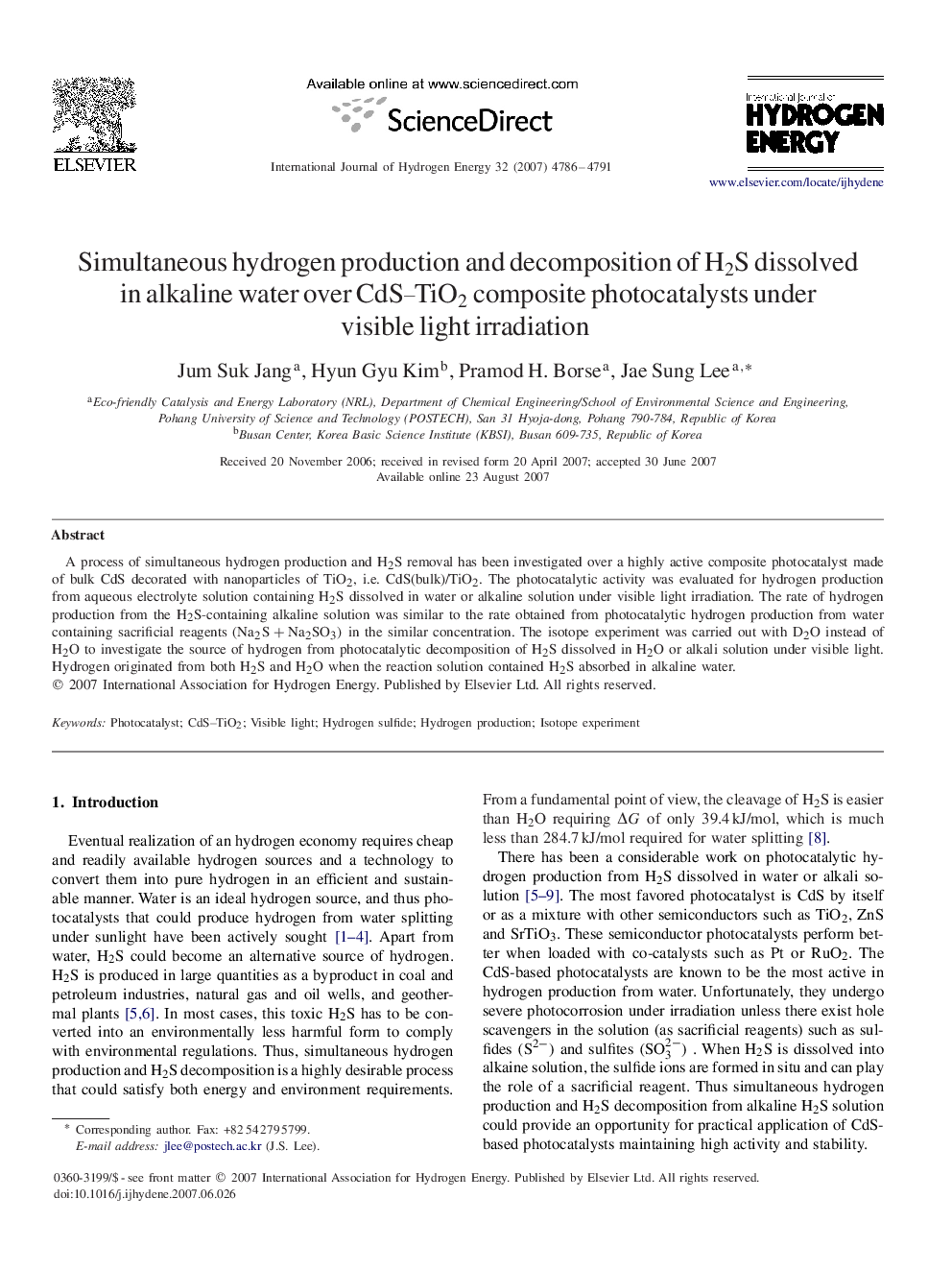 Simultaneous hydrogen production and decomposition of H2SH2S dissolved in alkaline water over CdS–TiO2CdS–TiO2 composite photocatalysts under visible light irradiation