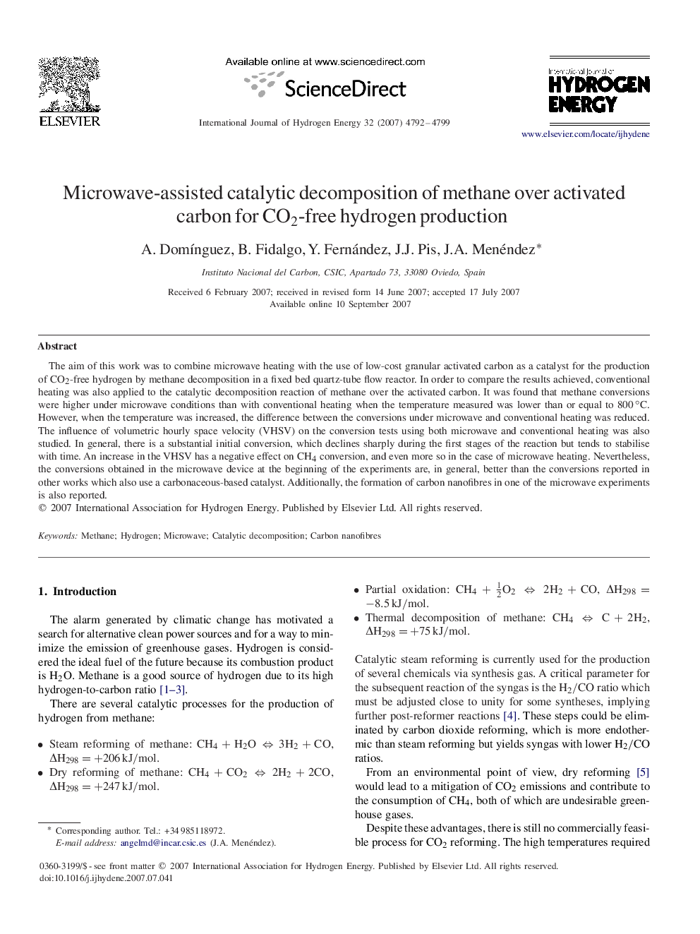 Microwave-assisted catalytic decomposition of methane over activated carbon for CO2CO2-free hydrogen production