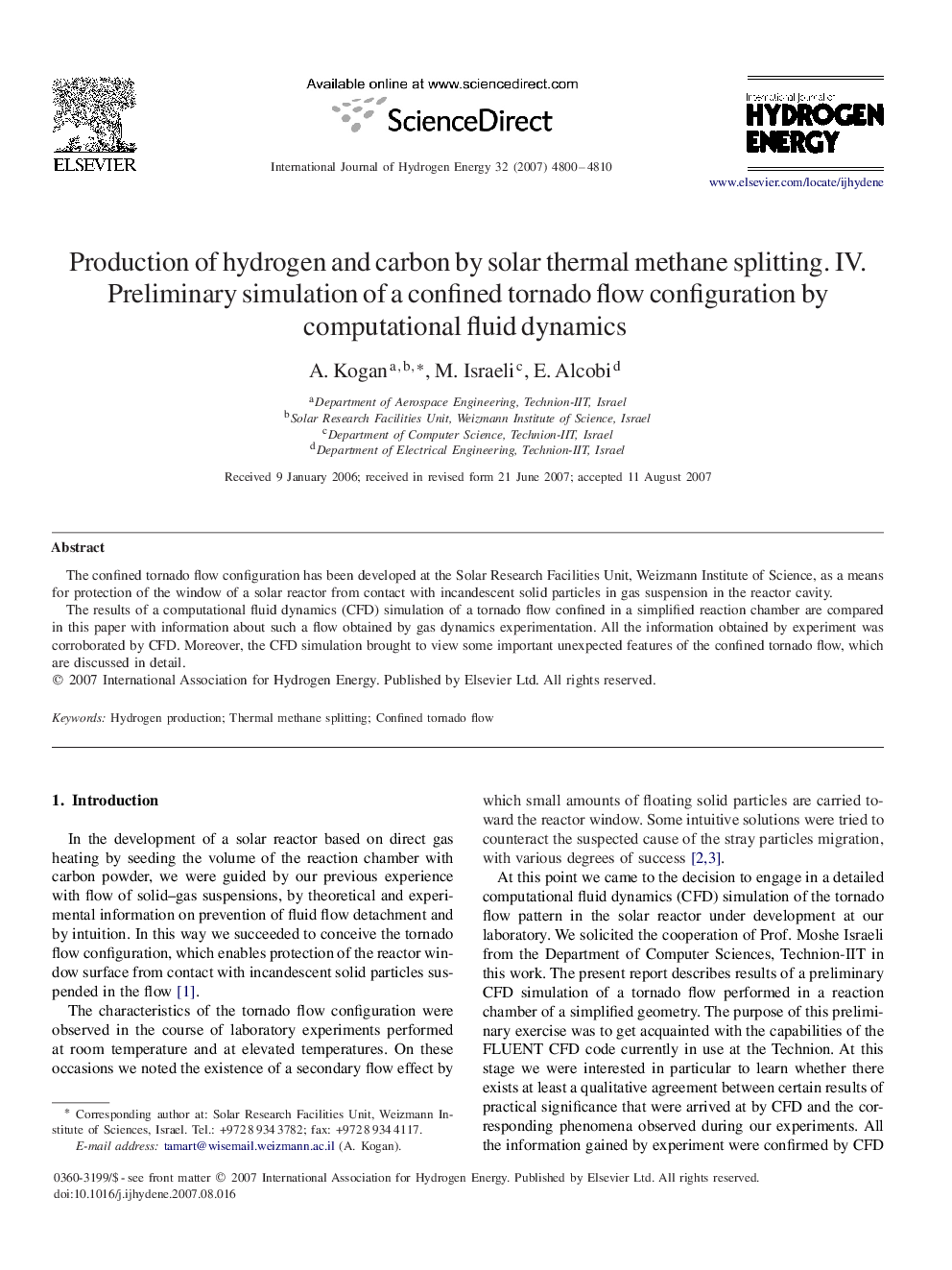 Production of hydrogen and carbon by solar thermal methane splitting. IV. Preliminary simulation of a confined tornado flow configuration by computational fluid dynamics