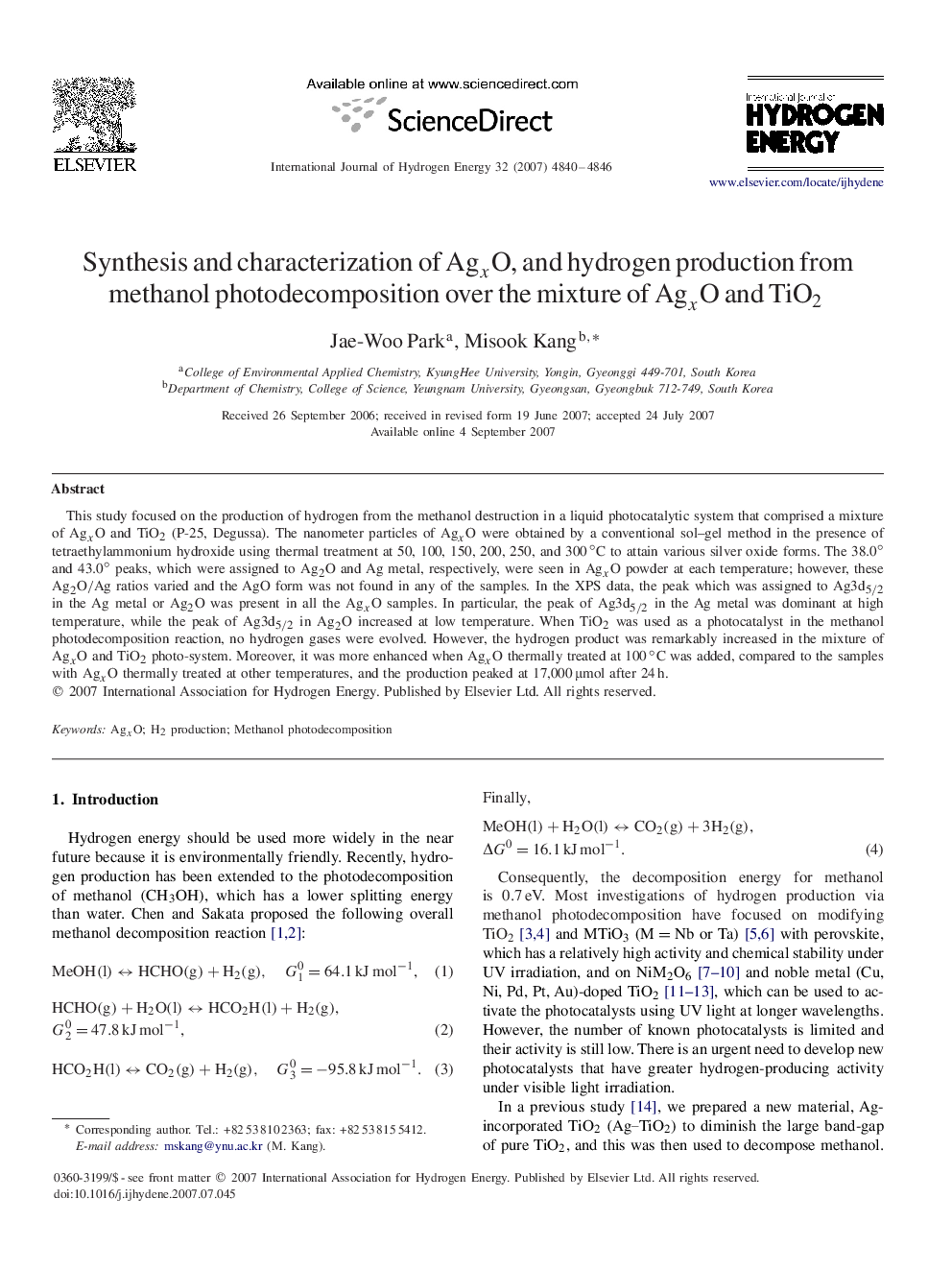 Synthesis and characterization of AgxOAgxO, and hydrogen production from methanol photodecomposition over the mixture of AgxOAgxO and TiO2TiO2