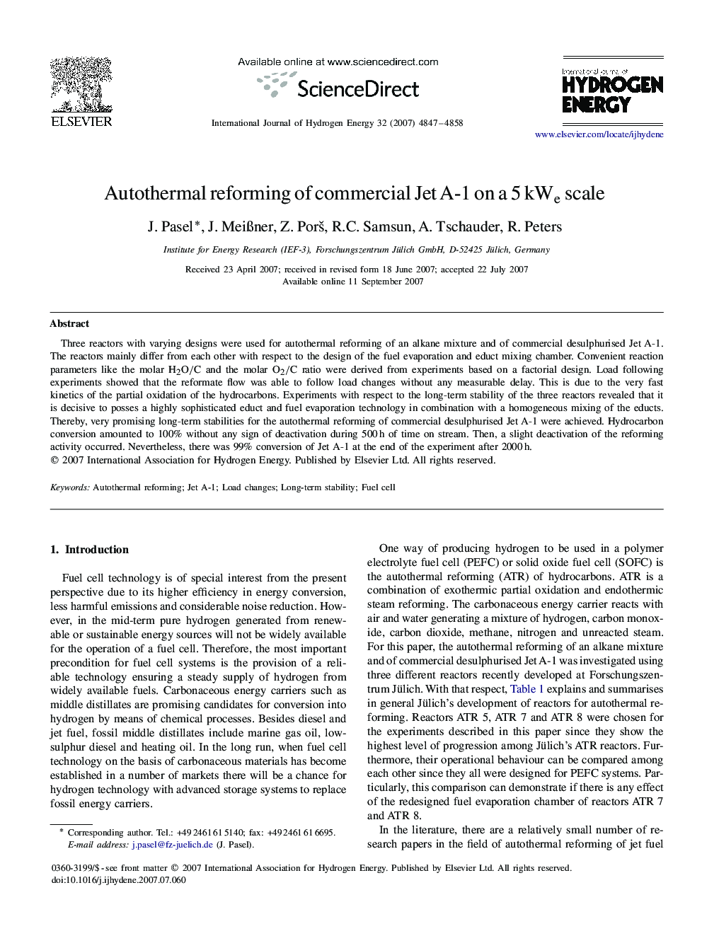 Autothermal reforming of commercial Jet A-1 on a 5kWe scale