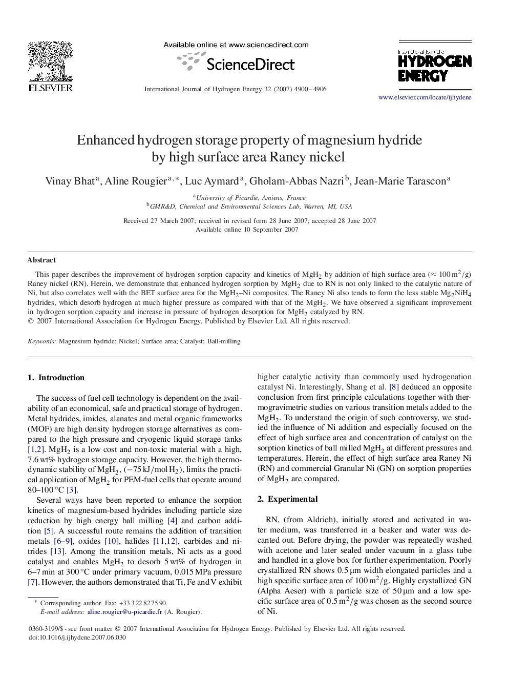 Enhanced hydrogen storage property of magnesium hydride by high surface area Raney nickel