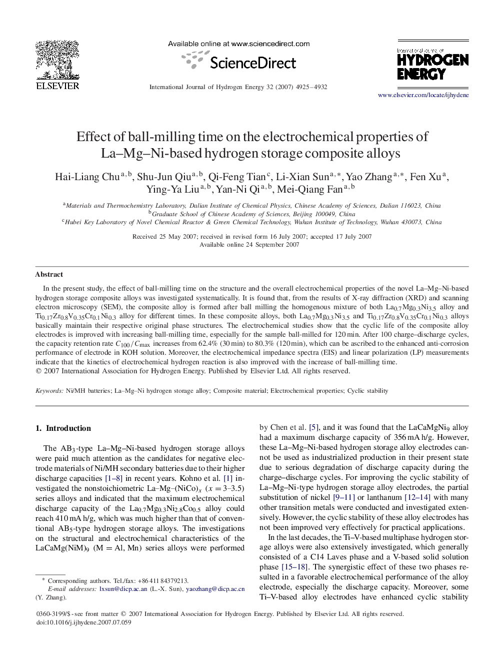 Effect of ball-milling time on the electrochemical properties of La–Mg–Ni-based hydrogen storage composite alloys