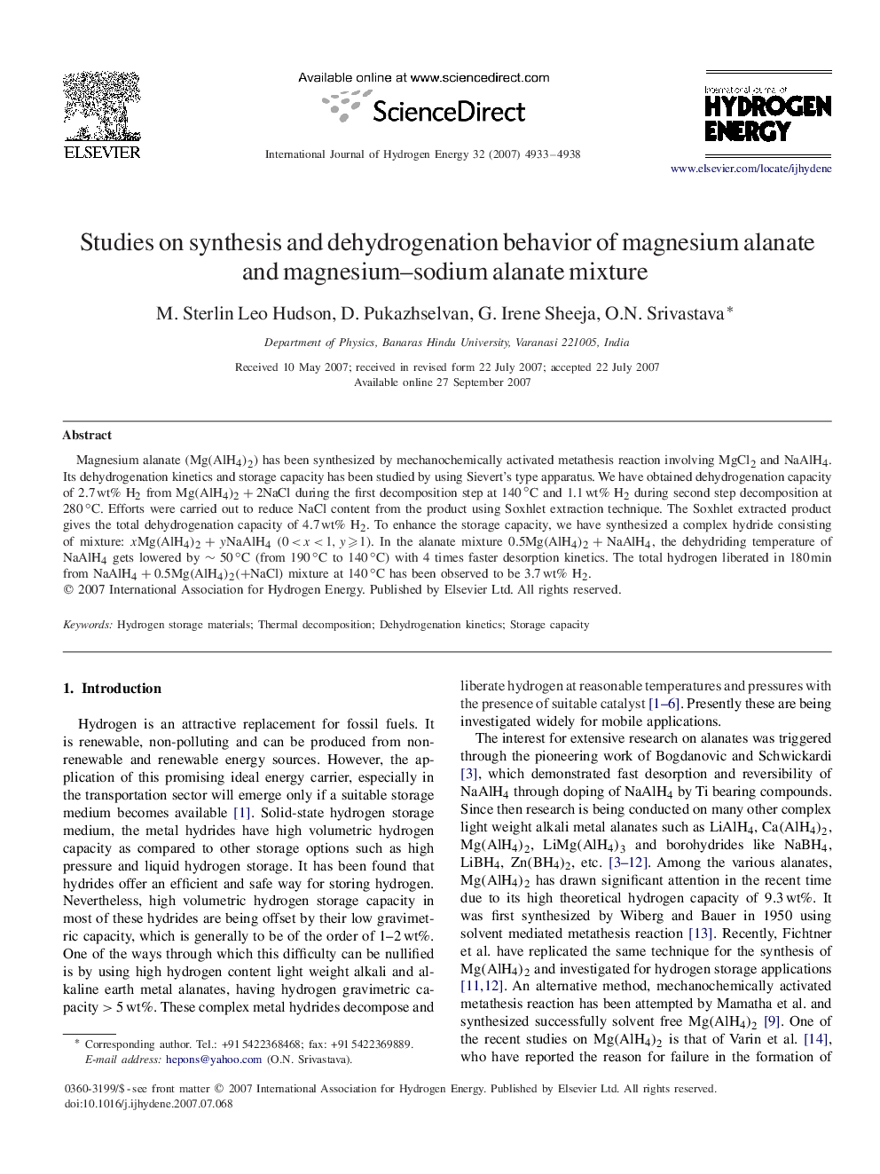 Studies on synthesis and dehydrogenation behavior of magnesium alanate and magnesium–sodium alanate mixture