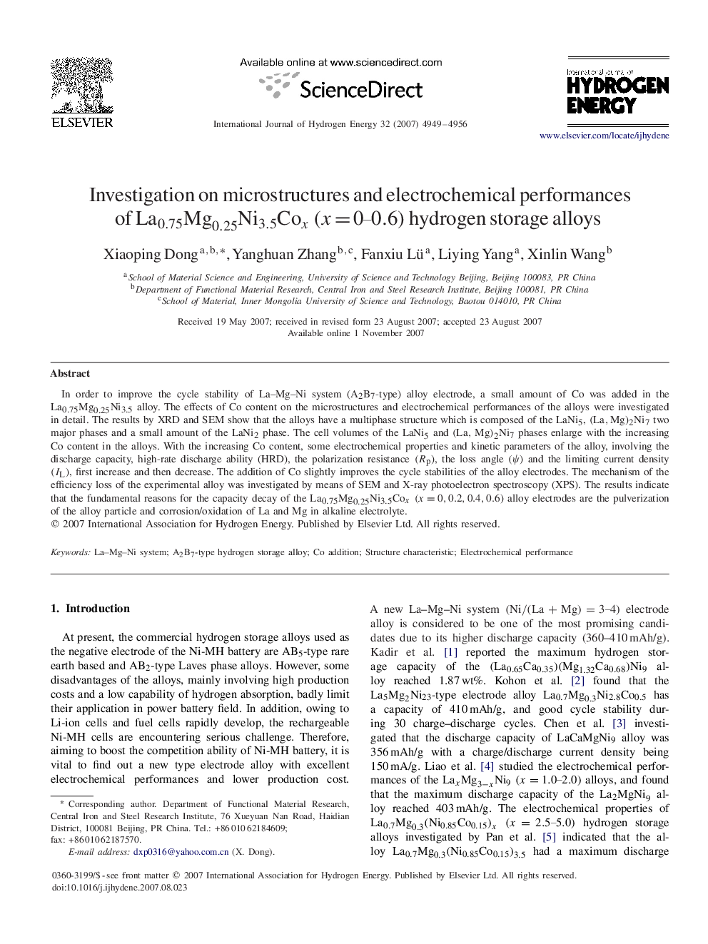 Investigation on microstructures and electrochemical performances of La0.75Mg0.25Ni3.5CoxLa0.75Mg0.25Ni3.5Cox(x=0–0.6)(x=0–0.6) hydrogen storage alloys