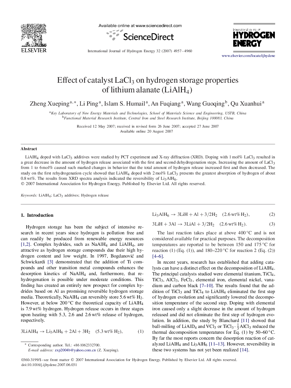 Effect of catalyst LaCl3 on hydrogen storage properties of lithium alanate (LiAlH4)