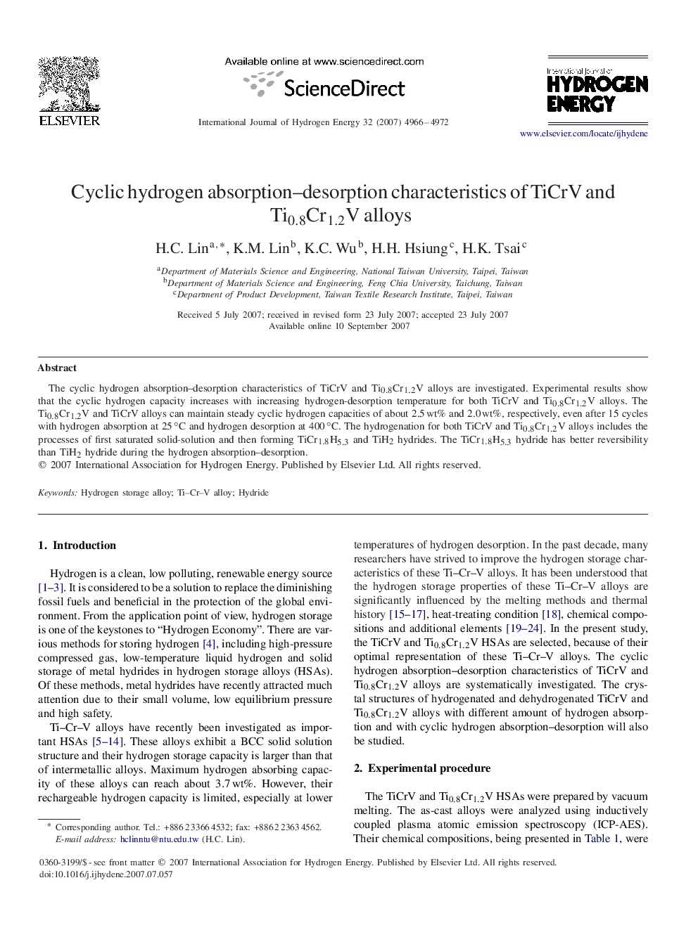 Cyclic hydrogen absorption–desorption characteristics of TiCrV and Ti0.8Cr1.2VTi0.8Cr1.2V alloys