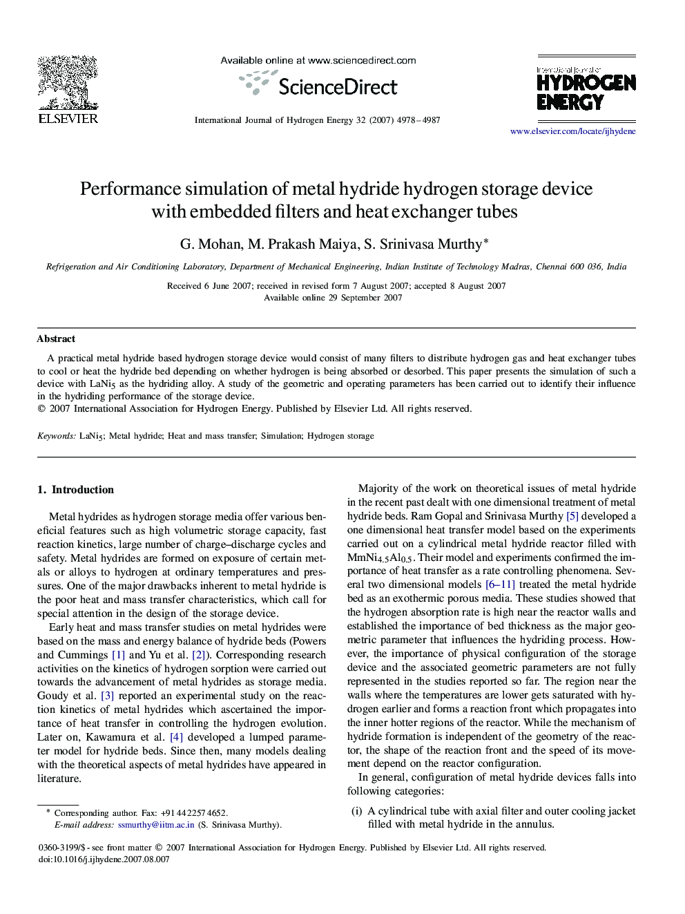 Performance simulation of metal hydride hydrogen storage device with embedded filters and heat exchanger tubes