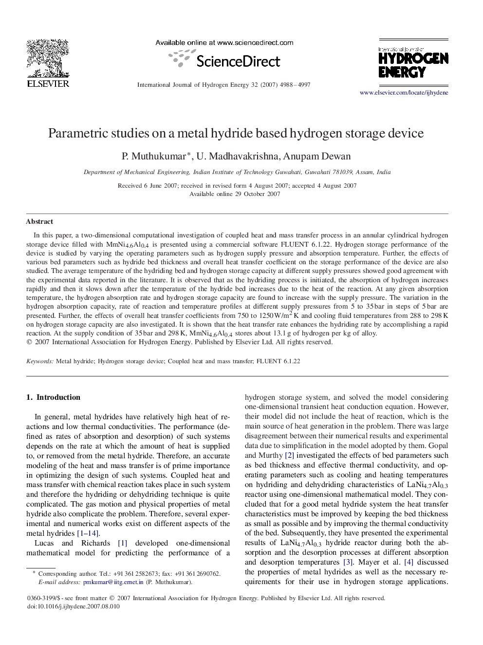 Parametric studies on a metal hydride based hydrogen storage device