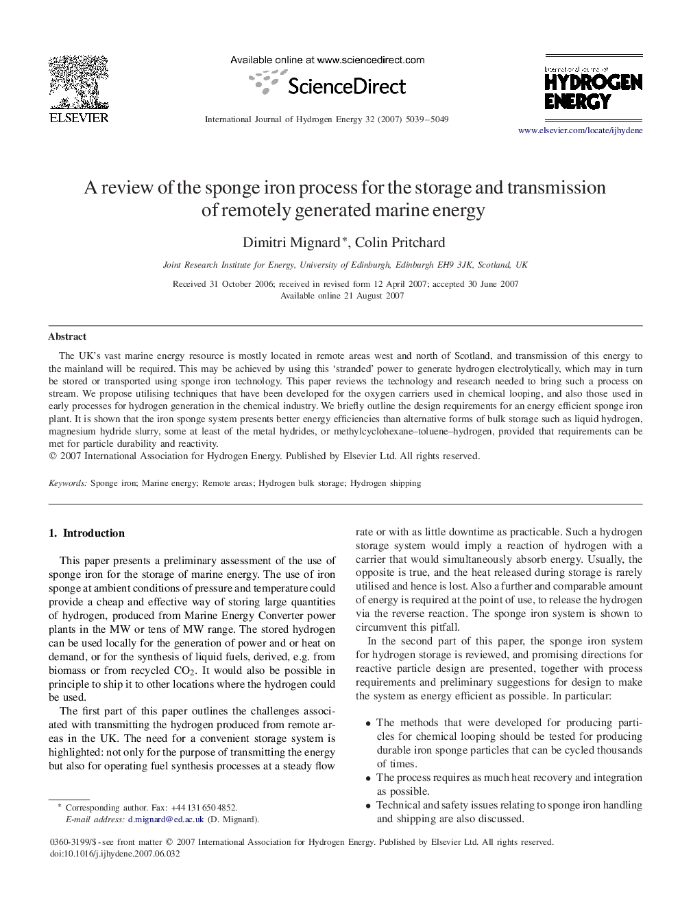 A review of the sponge iron process for the storage and transmission of remotely generated marine energy