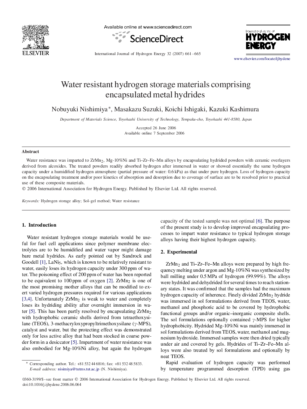 Water resistant hydrogen storage materials comprising encapsulated metal hydrides