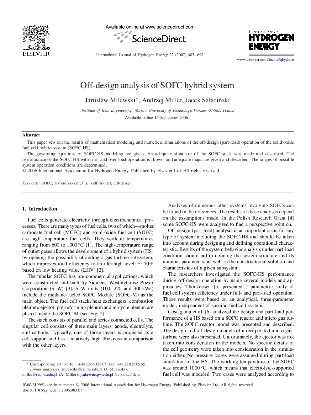 Off-design analysis of SOFC hybrid system