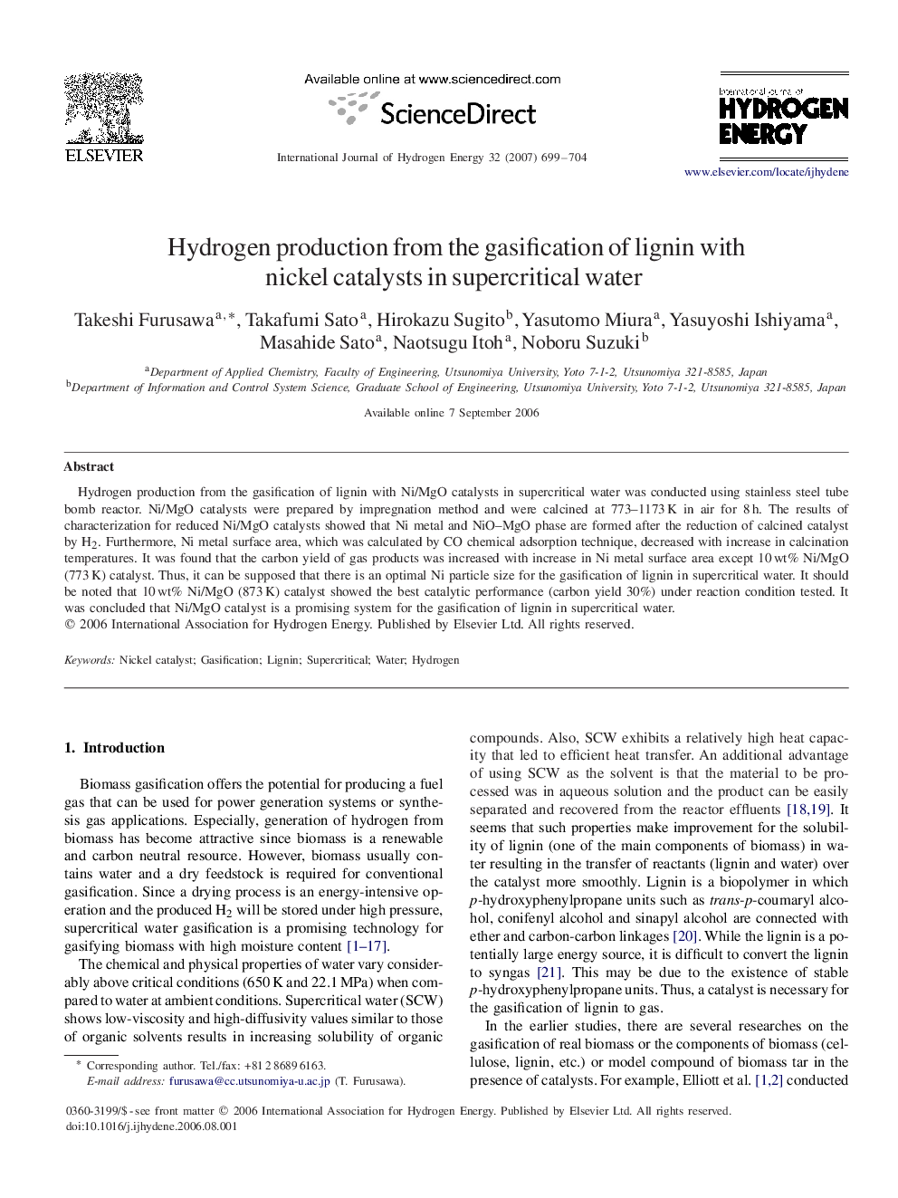 Hydrogen production from the gasification of lignin with nickel catalysts in supercritical water