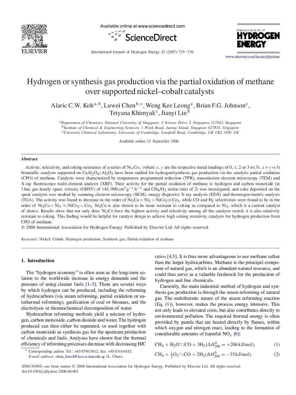 Hydrogen or synthesis gas production via the partial oxidation of methane over supported nickel–cobalt catalysts