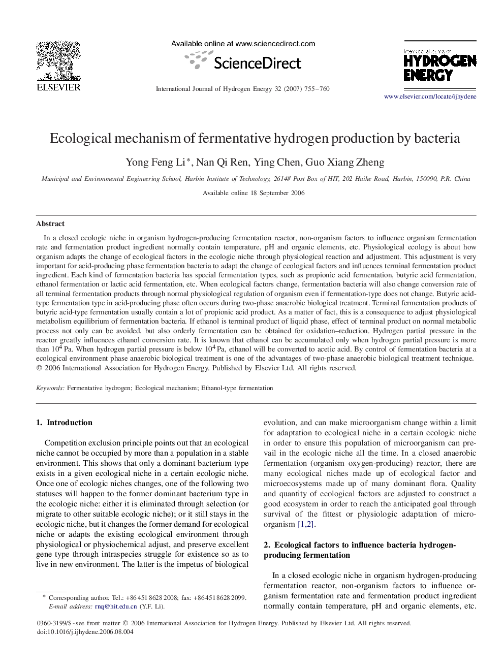 Ecological mechanism of fermentative hydrogen production by bacteria