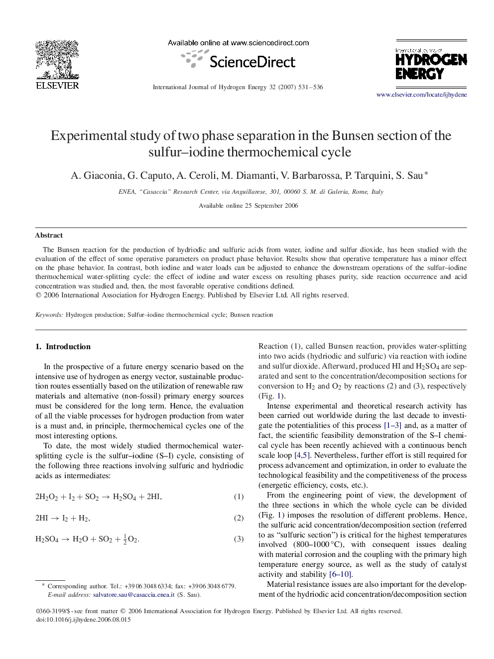 Experimental study of two phase separation in the Bunsen section of the sulfur–iodine thermochemical cycle