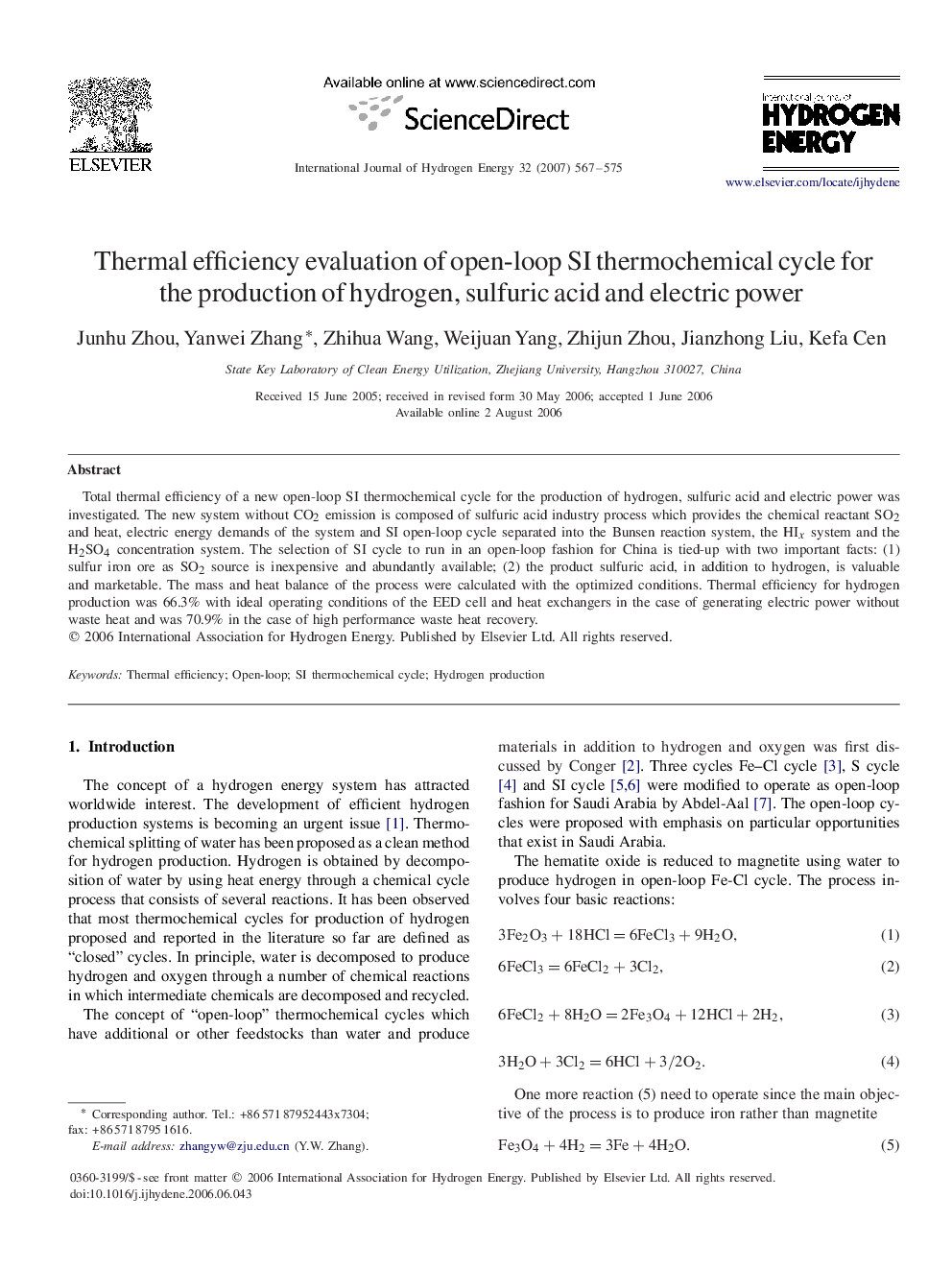 Thermal efficiency evaluation of open-loop SI thermochemical cycle for the production of hydrogen, sulfuric acid and electric power