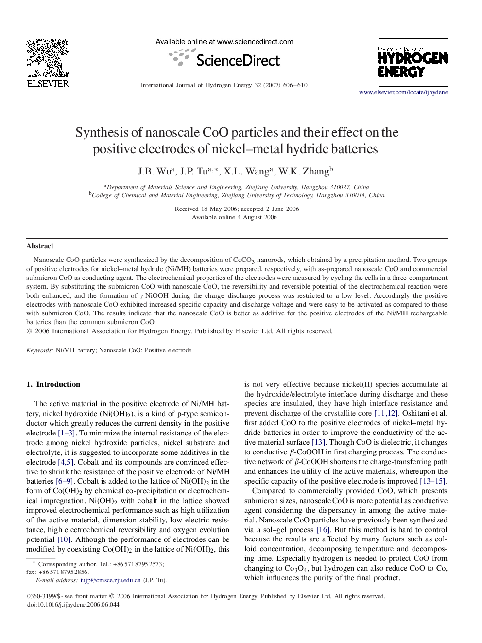 Synthesis of nanoscale CoO particles and their effect on the positive electrodes of nickel–metal hydride batteries