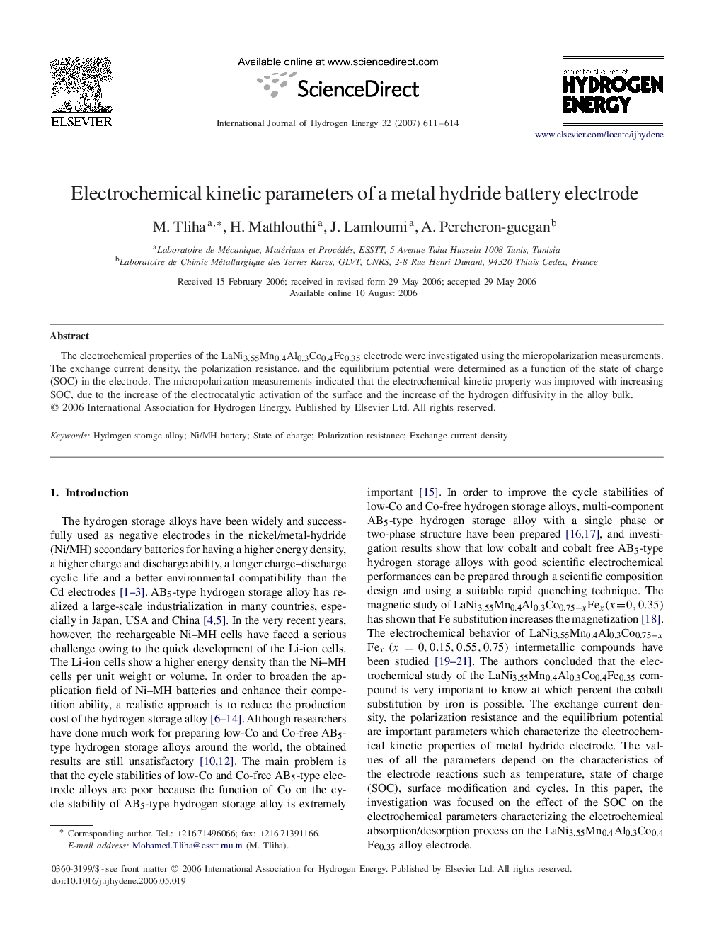 Electrochemical kinetic parameters of a metal hydride battery electrode