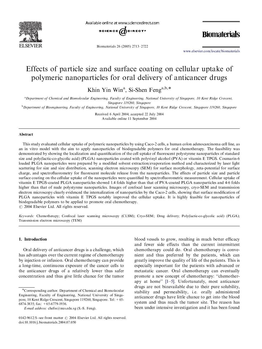 Effects of particle size and surface coating on cellular uptake of polymeric nanoparticles for oral delivery of anticancer drugs