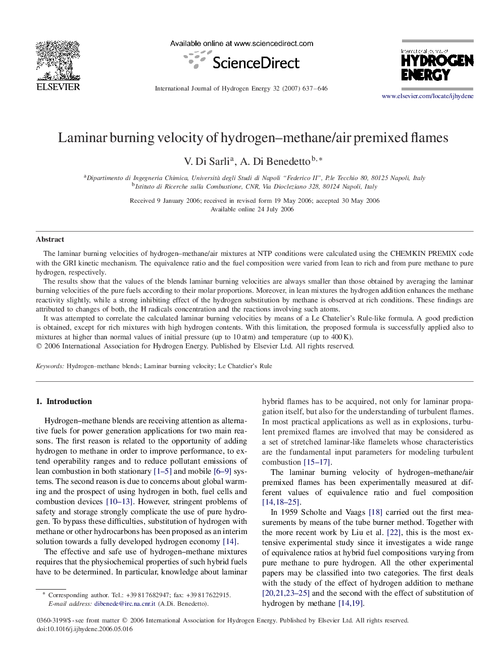 Laminar burning velocity of hydrogen–methane/air premixed flames