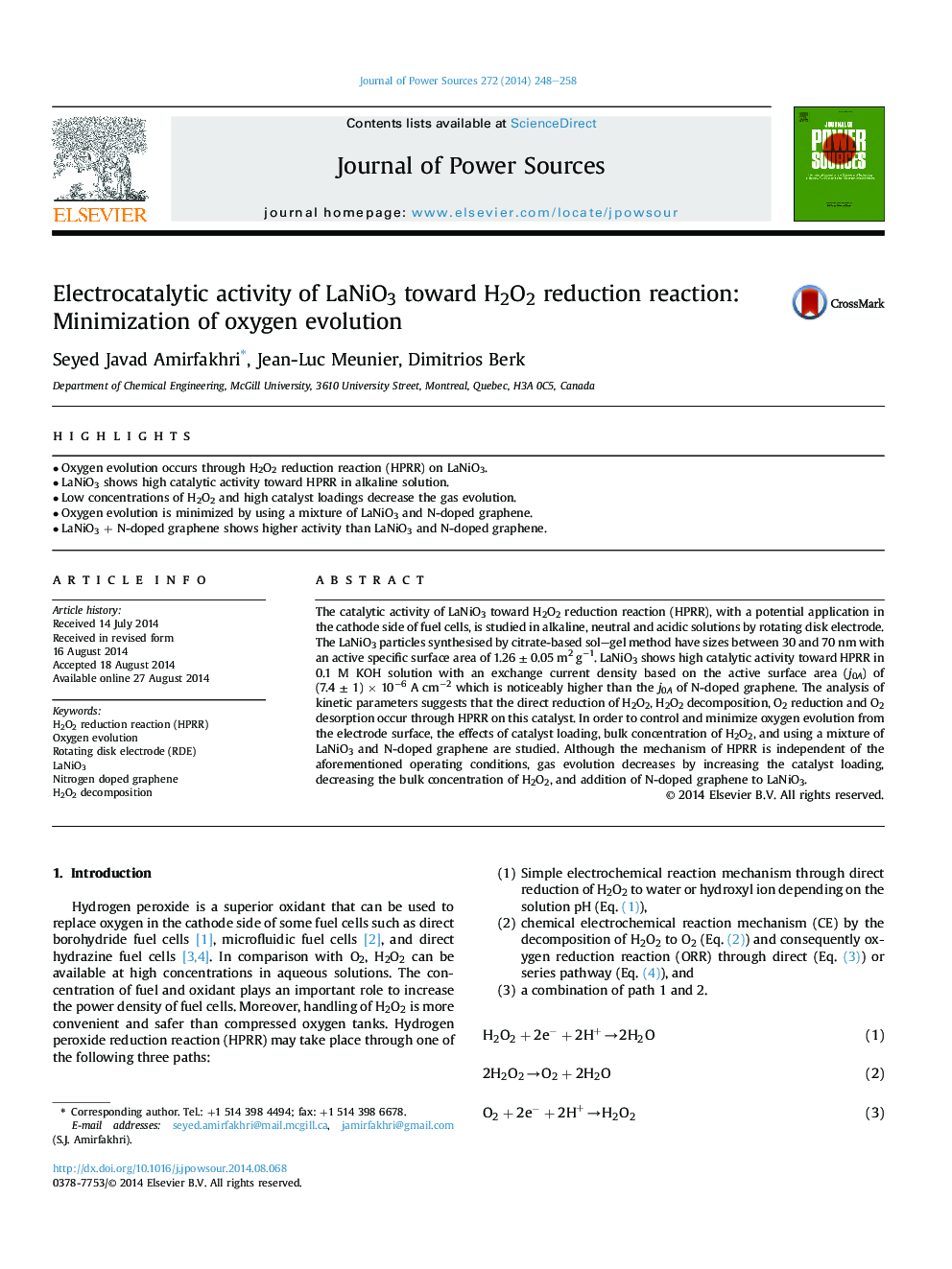 Electrocatalytic activity of LaNiO3 toward H2O2 reduction reaction: Minimization of oxygen evolution