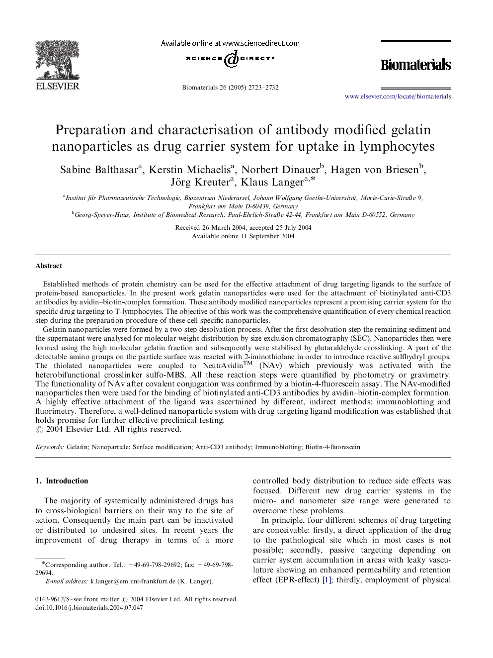 Preparation and characterisation of antibody modified gelatin nanoparticles as drug carrier system for uptake in lymphocytes