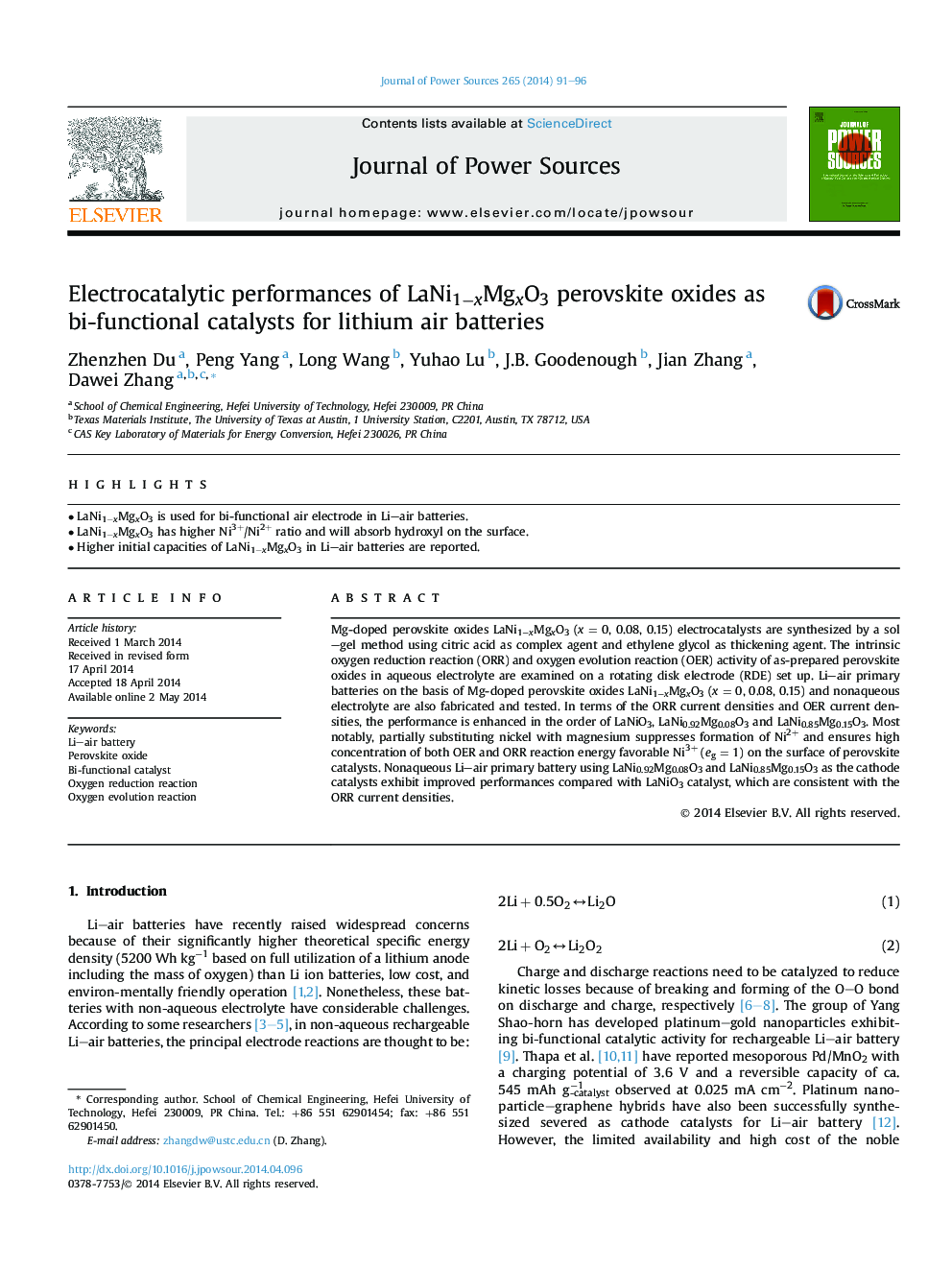 Electrocatalytic performances of LaNi1−xMgxO3 perovskite oxides as bi-functional catalysts for lithium air batteries