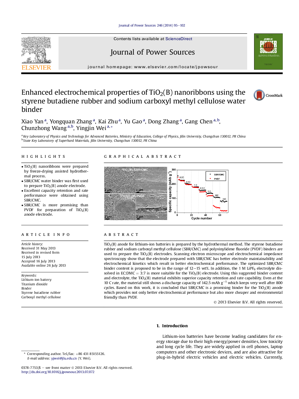 Enhanced electrochemical properties of TiO2(B) nanoribbons using the styrene butadiene rubber and sodium carboxyl methyl cellulose water binder