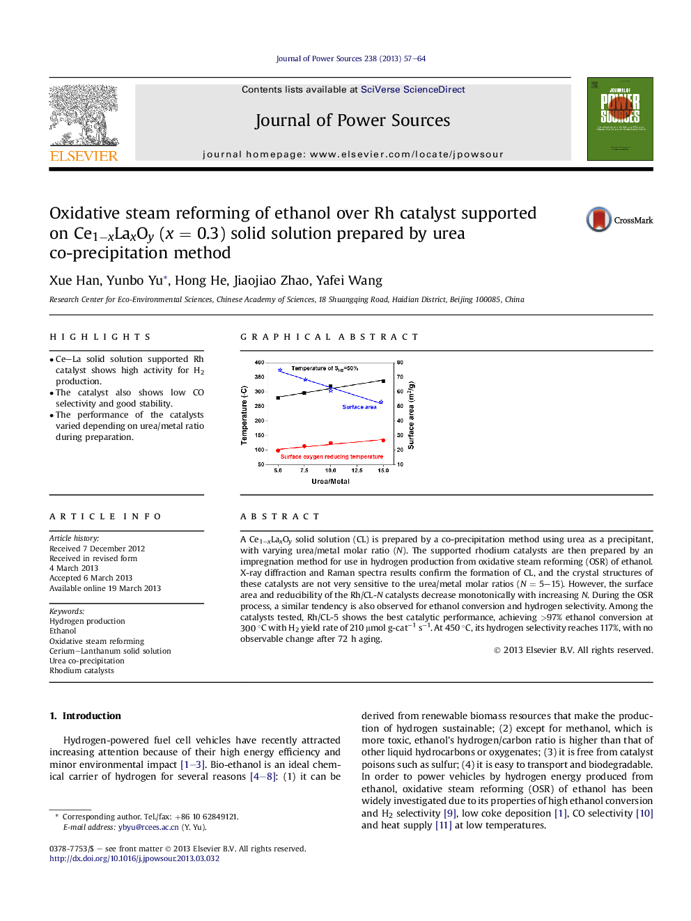 Oxidative steam reforming of ethanol over Rh catalyst supported on Ce1−xLaxOy (x = 0.3) solid solution prepared by urea co-precipitation method