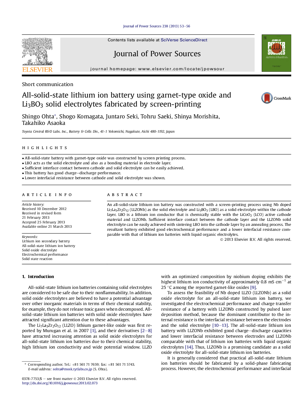 All-solid-state lithium ion battery using garnet-type oxide and Li3BO3 solid electrolytes fabricated by screen-printing