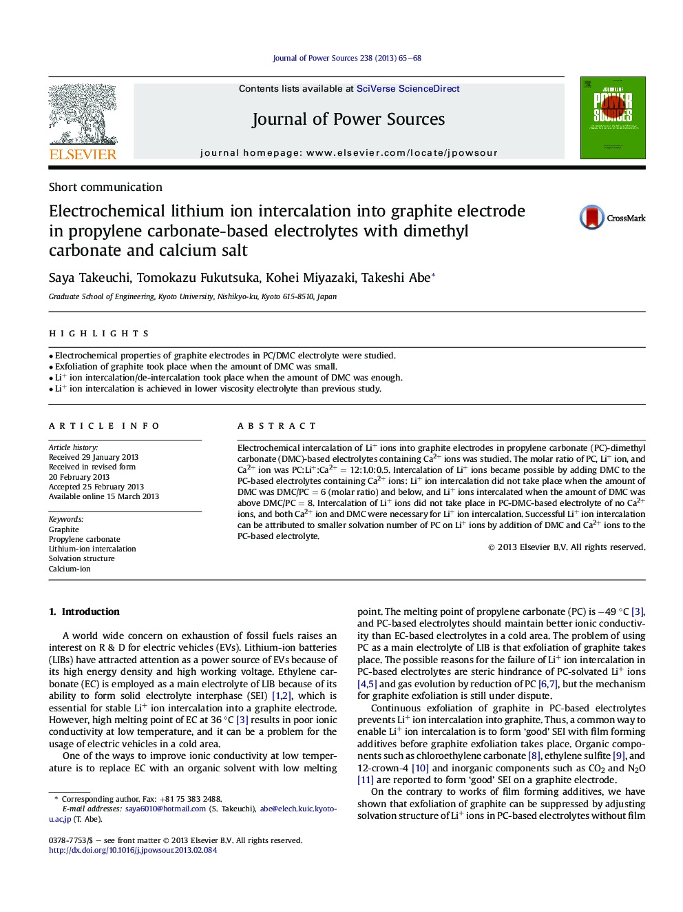 Electrochemical lithium ion intercalation into graphite electrode in propylene carbonate-based electrolytes with dimethyl carbonate and calcium salt