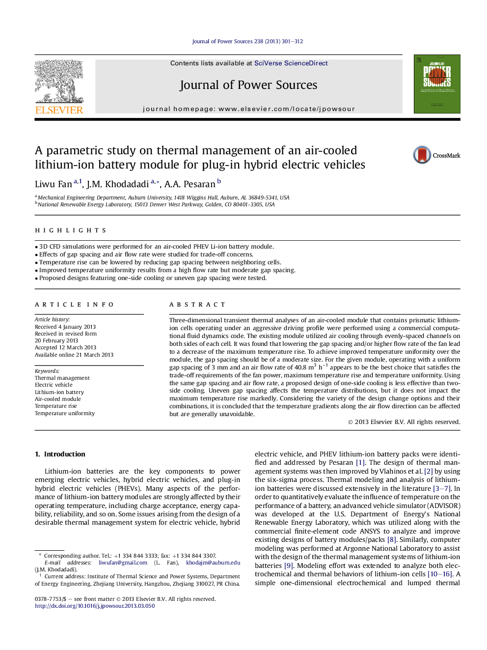 A parametric study on thermal management of an air-cooled lithium-ion battery module for plug-in hybrid electric vehicles