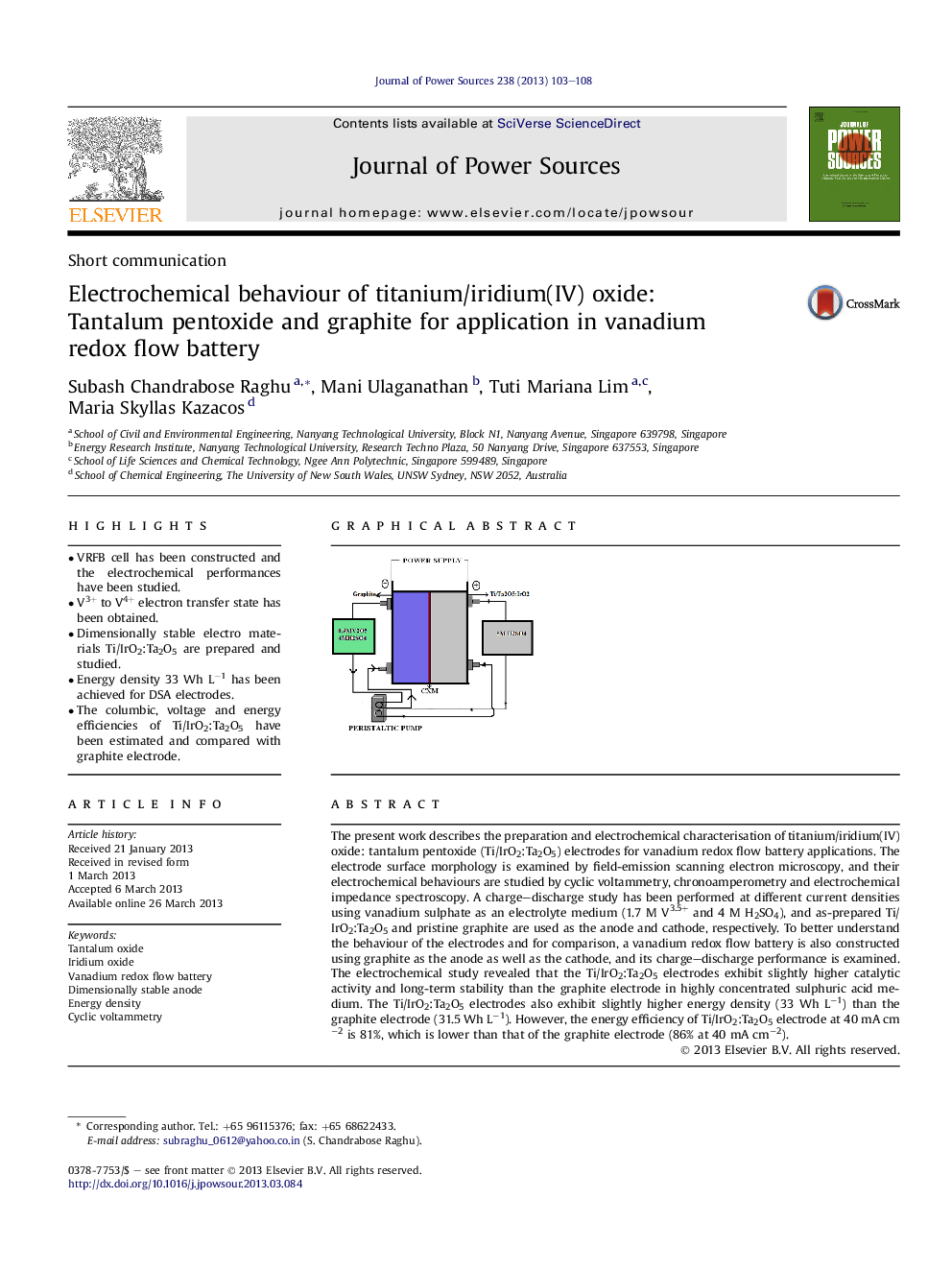 Electrochemical behaviour of titanium/iridium(IV) oxide: Tantalum pentoxide and graphite for application in vanadium redox flow battery