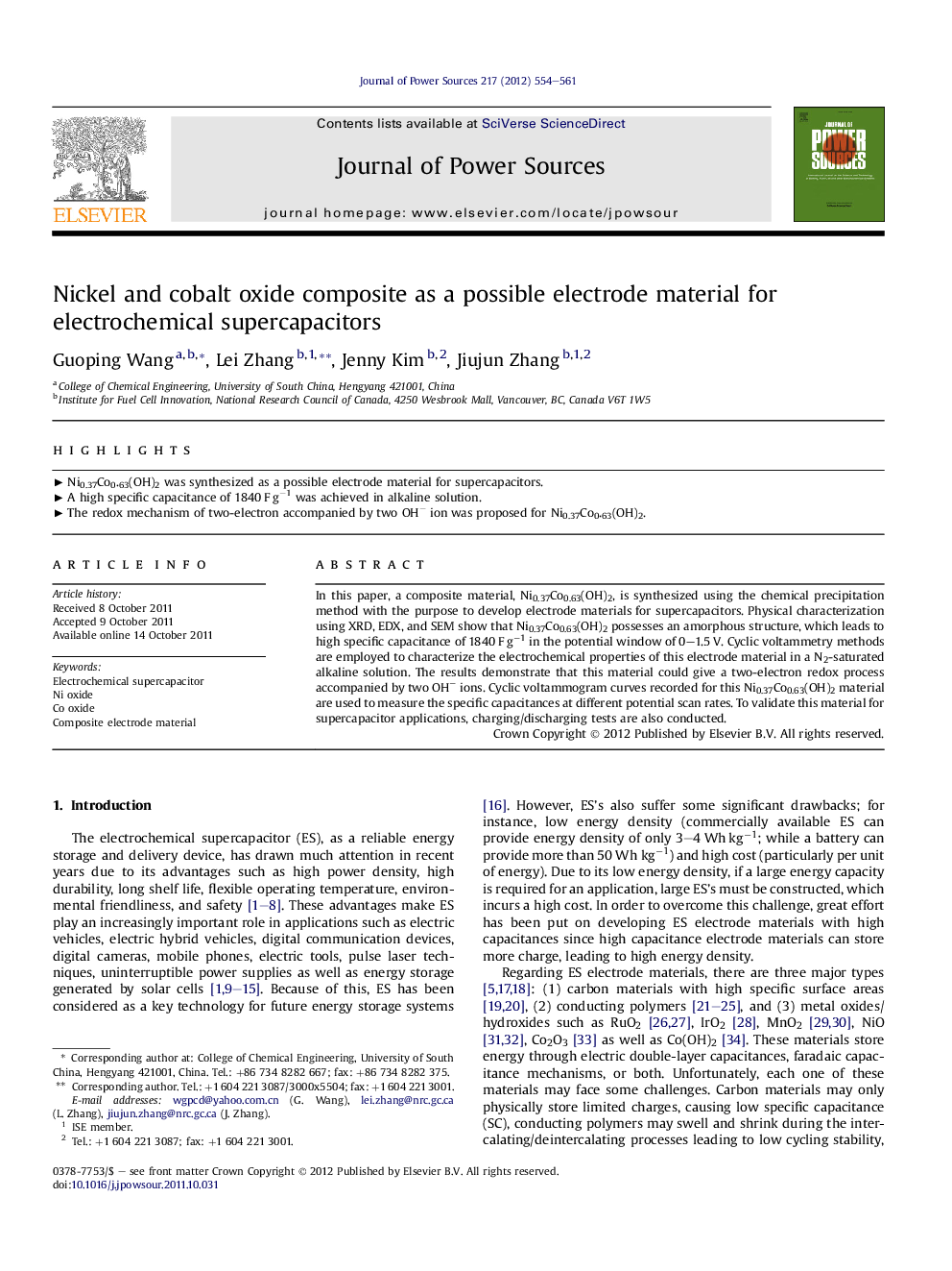 Nickel and cobalt oxide composite as a possible electrode material for electrochemical supercapacitors