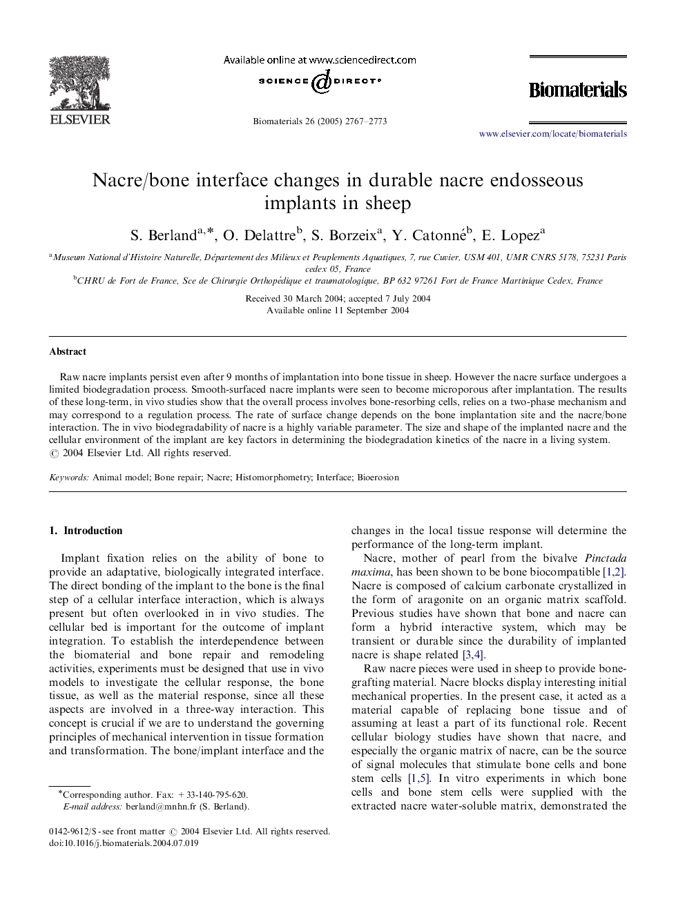 Nacre/bone interface changes in durable nacre endosseous implants in sheep