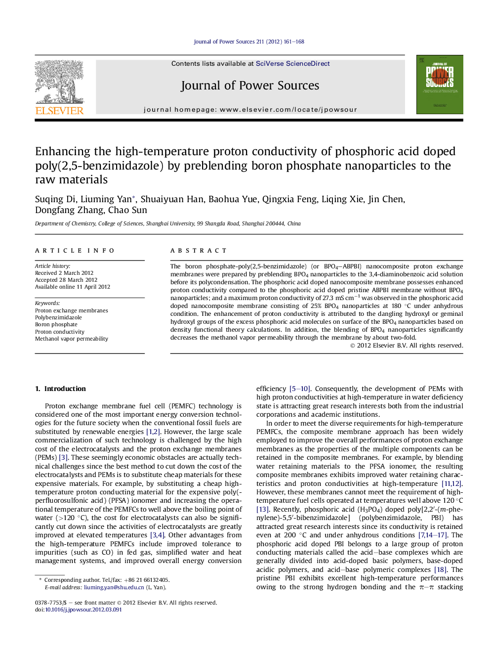 Enhancing the high-temperature proton conductivity of phosphoric acid doped poly(2,5-benzimidazole) by preblending boron phosphate nanoparticles to the raw materials