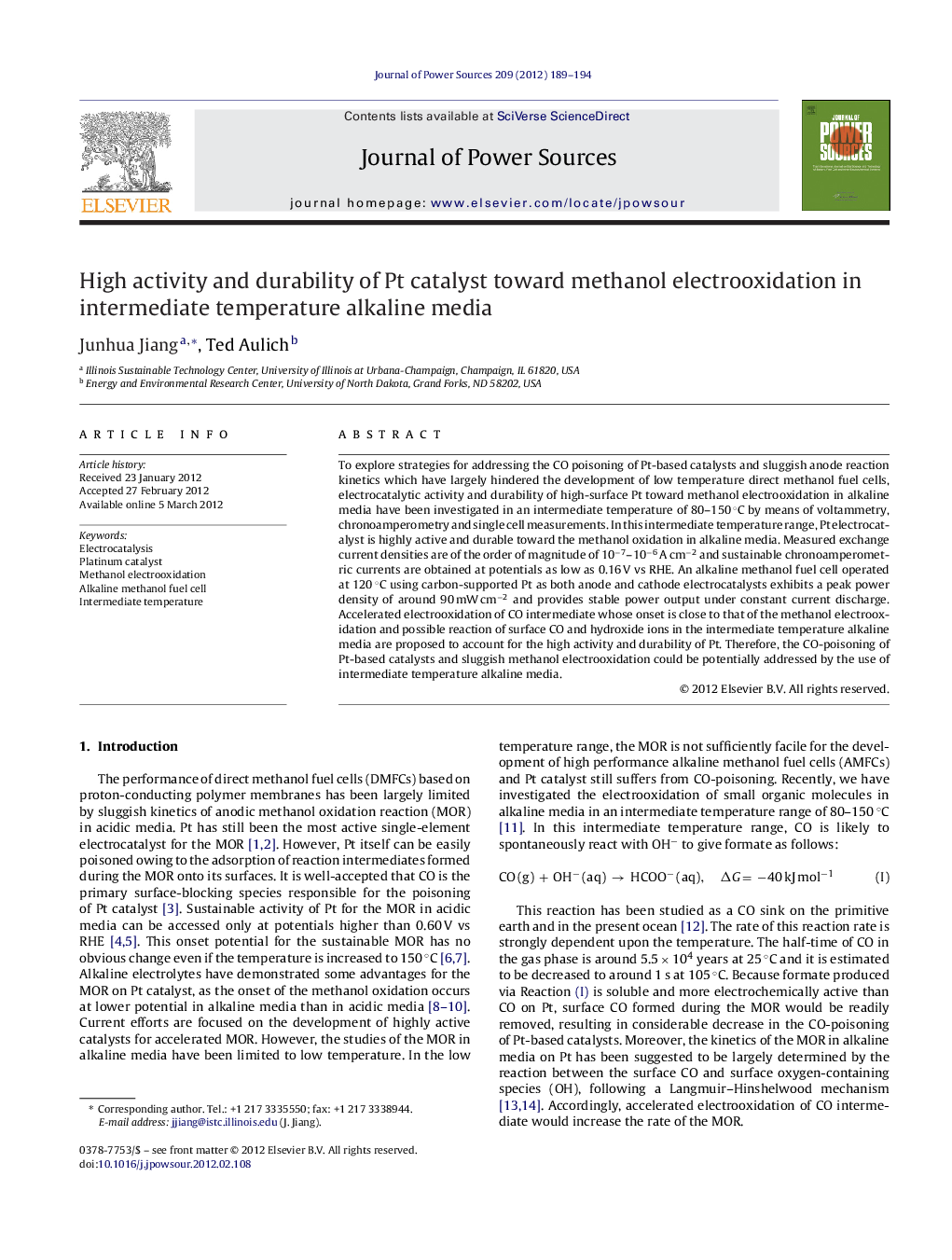 High activity and durability of Pt catalyst toward methanol electrooxidation in intermediate temperature alkaline media