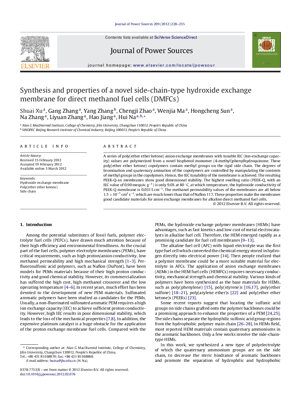 Synthesis and properties of a novel side-chain-type hydroxide exchange membrane for direct methanol fuel cells (DMFCs)